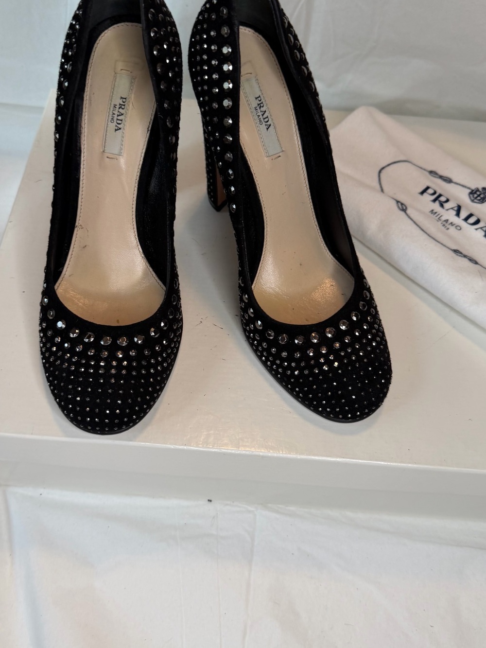 Prada Black Crystal-Studded Suede Pumps